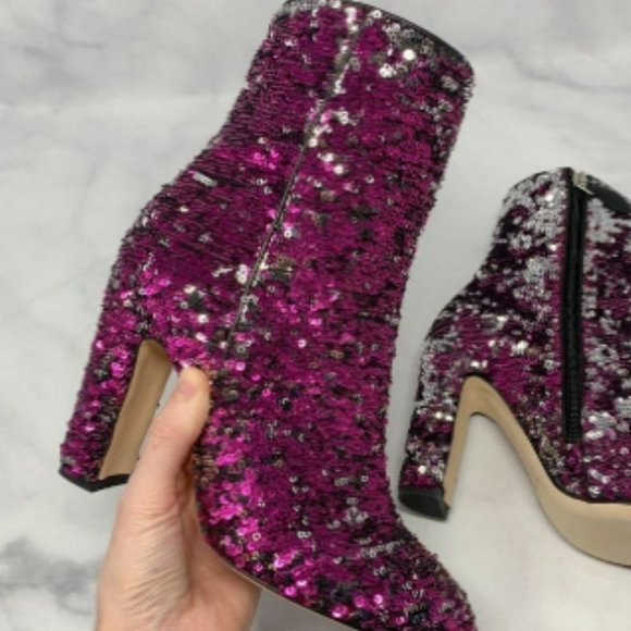 Paris Texas Pink Reversible Sequin Block Heel Ankle Booties Boho 6.5 - Picture 6 of 7